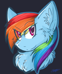 Size: 1024x1225 | Tagged: safe, artist:sharkdoggo, rainbow dash, g4, black background, bust, chest fluff, ear fluff, female, signature, simple background, solo