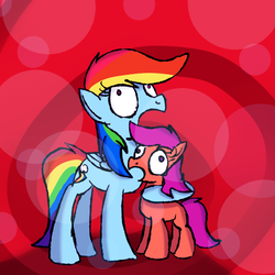 Size: 1024x1024 | Tagged: safe, artist:mr-degration, rainbow dash, scootaloo, pegasus, pony, g4, abstract background, derp, duo, female, filly, hug, mare, open mouth