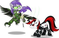 Size: 4469x2917 | Tagged: safe, artist:vector-brony, oc, oc only, oc:blackjack, oc:dawn (project horizons), cyborg, pony, unicorn, fallout equestria, fallout equestria: project horizons, amputee, cybernetic legs, fallout, level 2 (project horizons), level 3 (harbinger cyberpunk) (project horizons), simple background, transparent background