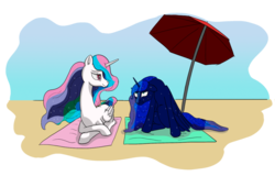 Size: 900x576 | Tagged: safe, artist:alloco, princess celestia, princess luna, g4, beach, umbrella