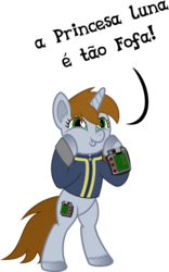 Size: 3111x5000 | Tagged: safe, artist:age3rcm, oc, oc only, oc:littlepip, pony, unicorn, fallout equestria, bipedal, clothes, comic, dashface, dialogue, fanfic, fanfic art, female, hooves, horn, jumpsuit, mare, pipbuck, portuguese, simple background, solo, translated in the description, transparent background, unshorn fetlocks, vault suit, vector