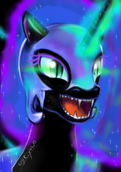 Size: 2480x3507 | Tagged: safe, artist:ojikiyowo, nightmare moon, g4, cute little fangs, female, glowing horn, high res, horn, solo