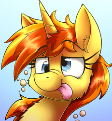 Size: 1777x1915 | Tagged: safe, artist:otakuap, oc, oc only, oc:bright ember, pony, unicorn, cute, derp, drunk, drunk bubbles, nose wrinkle, portrait, solo, tongue out