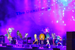 Size: 1023x682 | Tagged: safe, adagio dazzle, applejack, aria blaze, octavia melody, pinkie pie, rainbow dash, rarity, sonata dusk, trixie, equestria girls, g4, my little pony equestria girls: rainbow rocks, cello, concert, drums, fanfic, guitar, keyboard, lights, musical instrument, photoshop, ponied up, stage, the dazzlings, the rainbooms