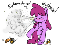 Size: 1024x758 | Tagged: safe, artist:anyponedrawn, berry punch, berryshine, g4, background pony, blushing, drinking, drunk, female, force, mucus, nostrils, sneeze cloud, sneezing, snot, spit, spray, strength