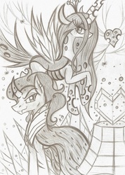 Size: 1629x2290 | Tagged: safe, artist:rossmaniteanzu, king sombra, queen chrysalis, changeling, changeling queen, pony, unicorn, g4, crystal heart, female, heart, monochrome, sketch, spider web, traditional art