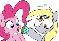 Size: 312x216 | Tagged: safe, artist:hattsy, artist:shutterflye, derpy hooves, pinkie pie, pegasus, pony, g4, eyes on the prize, female, flockmod, mare, muffin, open mouth, smiling