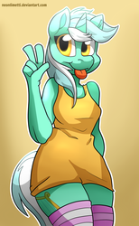Size: 1024x1658 | Tagged: safe, artist:neoncel, artist:tentauncool, lyra heartstrings, anthro, g4, clothes, collaboration, dress, female, peace sign, socks, solo, striped socks, tongue out
