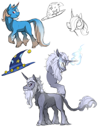 Size: 1280x1656 | Tagged: safe, artist:animalstamp, star swirl the bearded, trixie, classical unicorn, pony, unicorn, g4, cloven hooves, curved horn, glowing eyes, hat, horn, leonine tail, magic, unshorn fetlocks, wizard hat
