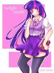 Size: 1224x1656 | Tagged: safe, artist:mikncookies, twilight sparkle, human, g4, abstract background, blushing, book, clothes, cute, female, humanized, looking at you, skirt, socks, solo, thigh highs, twiabetes, zettai ryouiki