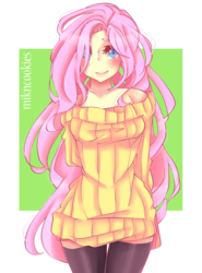 Size: 1224x1656 | Tagged: safe, artist:mikncookies, fluttershy, human, g4, black stockings, blushing, clothes, cute, digital art, female, hands behind back, human female, humanized, light skin, long sleeves, off shoulder, off shoulder sweater, shyabetes, solo, stockings, sweater, sweatershy, thigh highs, yellow sweater