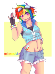 Size: 1224x1656 | Tagged: safe, artist:mikncookies, rainbow dash, human, g4, abstract background, alternate hairstyle, belly button, clothes, cute, daisy dukes, dashabetes, female, fingerless gloves, gloves, goggles, humanized, looking at you, midriff, solo, tongue out