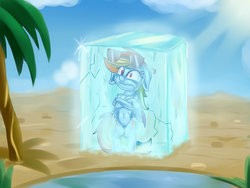 Size: 4000x3000 | Tagged: safe, artist:discorded, rainbow dash, pegasus, pony, g4, belly button, bipedal, bondage, cold, desert, encasement, female, floppy ears, fluffy, freezing, frown, frozen, high res, ice, mare, oasis, palm tree, shivering, solo, sunglasses, too cool, tree, wavy mouth, wide eyes