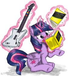 Size: 1244x1365 | Tagged: safe, artist:flutterthrash, twilight sparkle, alicorn, pony, g4, book, electric guitar, female, for dummies, guitar, guitar hero, magic, mare, musical instrument, rhythm game, solo, twilight sparkle (alicorn), you're doing it wrong