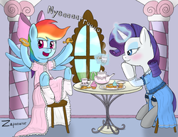 Size: 3850x2975 | Tagged: safe, artist:zaponator, rainbow dash, rarity, g4, blushing, clothes, dress, fanfic art, female, frilly dress, high res, lesbian, puffy sleeves, rainbow dash always dresses in style, ship:raridash, shipping, tea, tea party, teacup, teapot