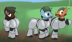 Size: 1280x749 | Tagged: safe, artist:the-furry-railfan, earth pony, pony, unicorn, fallout equestria, battlefield bad company, clothes, glasses, golf course, grenade, ponified, power armor, steel ranger