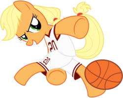 Size: 7500x6000 | Tagged: safe, artist:caliazian, applejack, g4, absurd resolution, ball, basketball, clothes, female, freckles, jersey, simple background, solo, sports, transparent background, vector