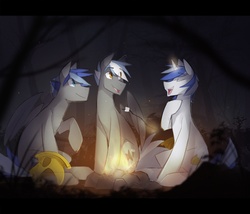 Size: 1280x1098 | Tagged: safe, artist:glacierponi, campfire, camping, glowing horn, guard, helmet, horn, marshmallow, royal guard