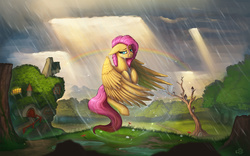 Size: 1920x1200 | Tagged: safe, artist:rain-gear, fluttershy, pegasus, pony, g4, crepuscular rays, crying, female, fluttershy's cottage, flying, mare, rain, rainbow, sad, scenery, solo, wet