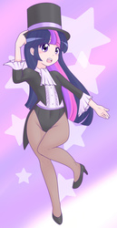 Size: 1280x2474 | Tagged: safe, artist:jonfawkes, twilight sparkle, human, g4, clothes, commission, female, hat, high heels, humanized, leotard, magician, magician outfit, pantyhose, patreon, purple, solo, stars, top hat, tuxedo