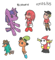 Size: 799x877 | Tagged: safe, artist:cmara, twilight sparkle, alicorn, pony, g4, crossover, female, knuckles the echidna, lord hater, male, mare, perry the platypus, phineas and ferb, plushie, scout (tf2), sonic the hedgehog (series), team fortress 2, traditional art, twilight sparkle (alicorn), wander (wander over yonder), wander over yonder