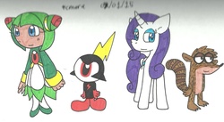 Size: 1455x800 | Tagged: safe, artist:cmara, rarity, g4, commander peepers, cosmo the seedrian, crossover, male, regular show, rigby (regular show), sonic the hedgehog (series), sonic x, traditional art, wander over yonder