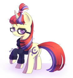 Size: 655x700 | Tagged: safe, artist:riouku, moondancer, pony, unicorn, g4, butt, clothes, female, frown, glasses, looking at you, looking back, mare, mooningdancer, nerdbutt, plot, raised hoof, shirt, simple background, solo, sweater, white background
