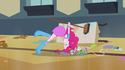 Size: 1920x1080 | Tagged: safe, screencap, pinkie pie, equestria girls, g4, my little pony equestria girls, balloon, boots, broom, clothes, high heel boots, skirt, table, time to come together