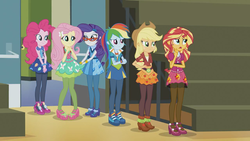 Size: 1280x720 | Tagged: safe, edit, edited screencap, screencap, applejack, fluttershy, pinkie pie, rainbow dash, rarity, sunset shimmer, equestria girls, g4, my little pony equestria girls: friendship games, clothes, pantyhose, school spirit