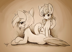 Size: 2871x2088 | Tagged: safe, artist:vulpessentia, bon bon, lyra heartstrings, sweetie drops, g4, high res, monochrome, sepia