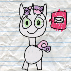 Size: 400x400 | Tagged: safe, artist:fonypan, artist:sweetie belle, sweetie belle, pony, unicorn, g4, female, lined paper, mail, pictogram, quality, solo, stylistic suck, sweetie's jurnal, traditional art, tumblr