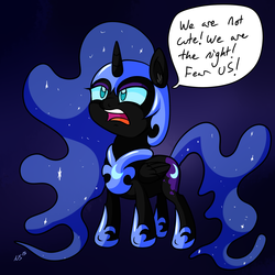 Size: 1900x1900 | Tagged: safe, artist:novaspark, nightmare moon, alicorn, pony, g4, blatant lies, cute, dialogue, female, filly, foal, i am the night, i'm not cute, lies, moonabetes, nightmare retardant, nightmare woon, royal we, solo