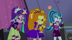 Size: 1178x655 | Tagged: safe, edit, edited screencap, screencap, adagio dazzle, aria blaze, sonata dusk, equestria girls, g4, my little pony equestria girls: rainbow rocks, bare shoulders, faic, food, orange, sleeveless