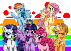 Size: 2510x1800 | Tagged: safe, artist:lucy-tan, applejack, fluttershy, pinkie pie, rainbow dash, rarity, twilight sparkle, alicorn, pony, g4, female, mane six, mare, open mouth, twilight sparkle (alicorn), wingding eyes, wink