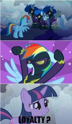 Size: 556x960 | Tagged: safe, edit, edited screencap, screencap, rainbow dash, twilight sparkle, friendship is magic, g4, clothes, costume, image macro, meme, shadowbolt dash, shadowbolts, shadowbolts costume