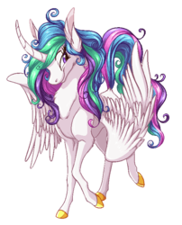 Size: 575x711 | Tagged: safe, artist:fizzy-dog, princess celestia, g4, chest fluff, curved horn, female, horn, smiling, solo, unshorn fetlocks