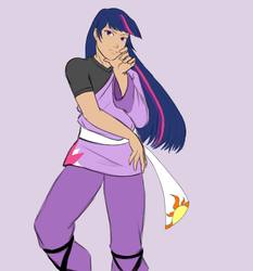 Size: 800x858 | Tagged: safe, artist:eve-ashgrove, twilight sparkle, human, g4, clothes, humanized, jojo pose, jojo's bizarre adventure, jolyne cujoh, miyuki sawashiro, robe, voice actor joke