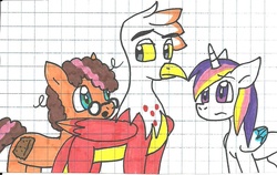 Size: 1026x650 | Tagged: safe, artist:cmara, oc, oc only, oc:gulliver, oc:peanut butter brittle, oc:prince novel, alicorn, dragon, griffon, hybrid, pony, alicorn oc, dracogriff, graph paper, offspring, parent:cheese sandwich, parent:garble, parent:gilda, parent:pinkie pie, parent:princess cadance, parent:shining armor, parents:cheesepie, parents:shiningcadance, traditional art