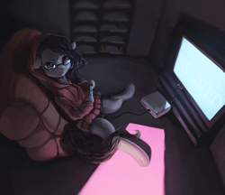 Size: 2638x2274 | Tagged: safe, artist:fruitbloodmilkshake, marble pie, earth pony, pony, g4, clothes, dark souls, glasses, high res, hoodie, looking at you, television, video game