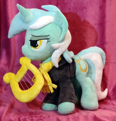 Size: 957x1000 | Tagged: safe, artist:appledew, lyra heartstrings, fanfic:background pony, g4, clothes, dig the swell hoodie, hoodie, irl, lyre, musical instrument, photo, plushie, scarf, solo