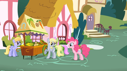 Size: 1366x768 | Tagged: safe, screencap, cloud kicker, derpy hooves, merry may, pinkie pie, pegasus, pony, g4, griffon the brush off, female, mare, raised hoof, raised tail, underp