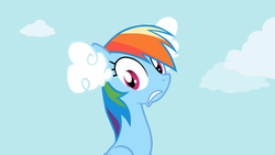 Size: 1366x768 | Tagged: safe, screencap, rainbow dash, g4, griffon the brush off, female, flying, mouth, solo