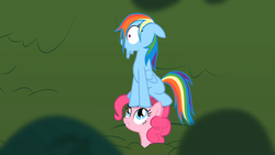 Size: 1366x768 | Tagged: safe, screencap, pinkie pie, rainbow dash, earth pony, pegasus, pony, g4, griffon the brush off, duo, duo female, faic, female, mare, standing on head