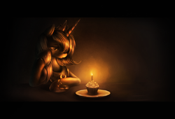 Size: 1600x1091 | Tagged: safe, artist:ventious, princess luna, alicorn, pony, g4, alone, birthday, candle, candlelight, cupcake, dark, detailed, featured image, female, food, frown, happy birthday to me, letterboxing, limited palette, lonely, mare, monochrome, s1 luna, sad, solo, woobie