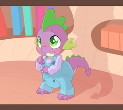 Size: 1280x1146 | Tagged: safe, artist:cuddlehooves, spike, dragon, g4, baby, baby dragon, baby spike, blushing, book, bookshelf, claws, clothes, cuddlehooves is trying to murder us, cute, diaper, golden oaks library, male, overalls, poofy diaper, shadow, solo, spikabetes, younger