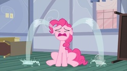 Size: 1366x768 | Tagged: safe, screencap, pinkie pie, earth pony, pony, baby cakes, g4, season 2, crying, female, hub logo, mare, ocular gushers, out of character, sitting, solo, sugarcube corner, window