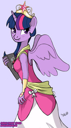Size: 3252x5861 | Tagged: safe, artist:reashi, twilight sparkle, anthro, g4, book, clothes, coronation dress, crown, dress, female, solo, twilight sparkle (alicorn)