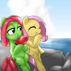 Size: 1000x1000 | Tagged: safe, artist:ushiro no kukan, fluttershy, tree hugger, g4, watermelon