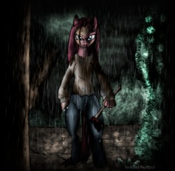 Size: 2600x2544 | Tagged: safe, artist:sixpathsoffriendship, pinkie pie, earth pony, pony, semi-anthro, g4, axe, bipedal, clothes, female, parody, pinkamena diane pie, solo, the amityville horror