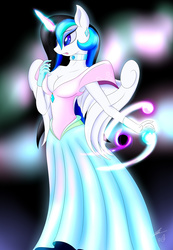 Size: 1870x2700 | Tagged: safe, artist:bludraconoid, oc, oc only, oc:starveil, alicorn, anthro, alicorn oc, anthro oc, clothes, dress, gala dress, magic, solo